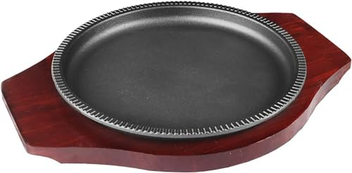 Plat de service en fonte pré-assaisonné, assiette à steak avec base en bois, plaque de service en fonte, pour la maison ou le restaurant, 21,5 cm