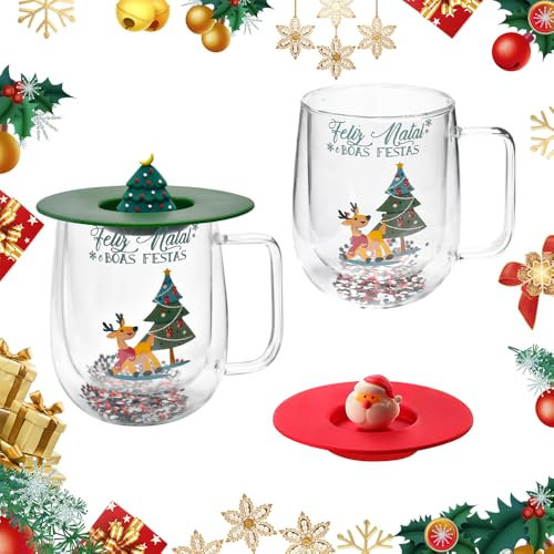 LANSKYLAN Set di 2 tazze natalizie in vetro a doppia parete, 250 ml, tazze di Natale con coperchio, regalo per donne