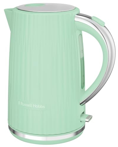 Russell Hobbs Hervidor de Agua Eléctrico, para agua caliente, té o café, 1,7 l, tapa de apertura por presión, filtro extraíble y lavable, detalles cromados, verde pistacho, 2400 W, Eden 27364-70