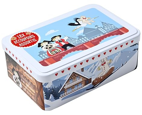 patisse 13727 – Boîte à biscuits métal décor ALSACE contenant 18 découpoirs ou emporte pièces Inox assortis - sapin, mannele, cigogne, Saint Nicolas, Cloche, couple Alsacien, Ange,…