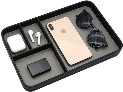 PU Leder Valet Tray, Stilvolle und organisierte Eingangsbereich Nachttisch Tablett, EDC Catchall Tray für Telefon Schlüssel Uhr Geldbörse Schmuck (Schwarz)
