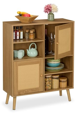 Relaxdays Sideboard, 2 Rattan-Türen, 4 offene Fächer, 2 Schrankfächer, 97x80x25 cm, Wohnzimmer, Küche, Kommode, Natur