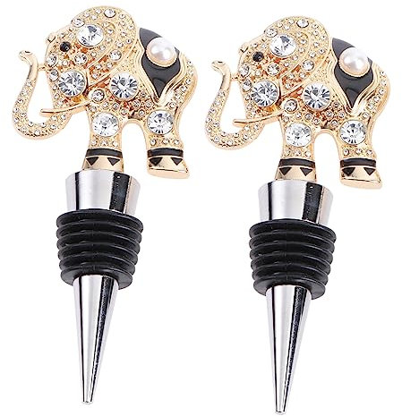 Warmhm 2pcs Alloy Wine Bottle Stoppers Decorative Metal Corks with Rhinestone Elephant Design, Zinc Alloy Wine Bottle Plugs for Home Bar and Use