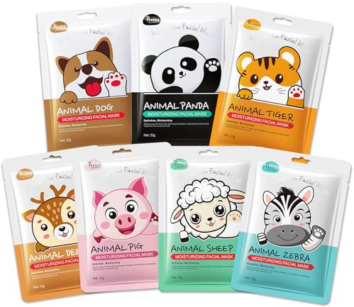 7 Packs Cute Animal Character Design Facial Masks, Deep Hyrating Spa Masks for All Skin Types, Gift for Kids' Birthady Party, Girl's Night, Enjoy Skincare Life