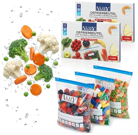 Vaily Lot de 30 sacs de congélation à fermeture éclair - 1L Sacs de conservation refermables - Grand set pour la conservation des aliments et la congélation