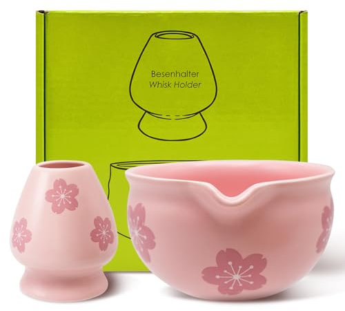 Cyiecw Juego de 2 cuencos Matcha rosa Sakura de cerámica con boquilla y soporte para escoba Matcha, Ceremonial Matcha para la preparación de té Ursi, Koicha y Matcha