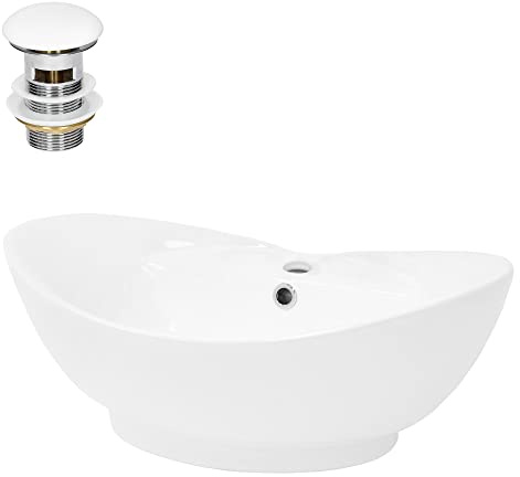 LuxeBath Waschbecken Keramik 590x395x205 mm oval Weiß mit Ablaufgarnitur Weiß, Aufsatzwaschbecken für Badezimmer/Gäste-WC, Modernes Aufsatzbecken, Waschtisch Waschschale Waschplatz Handwaschbecken
