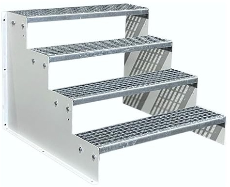 SRM Design 4 Stufen Standtreppe Stahltreppe Wangentreppe Gitterrosttreppe Außentreppe Industrietreppe Modell 2 weiß 18 cm Stufenhöhe 70 cm Breite 72 cm Höhe ohne Geländer