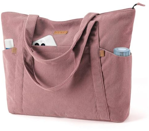 Lekespring Cord Tasche Damen, Groß Tote Bag Strandtasche mit Reißverschluss, Shopper Tasche Damen Laptoptasche mit 17 Zoll Laptopfach, Elegant Handtasche Umhängetasche für Arbeit Schule Gym-Rosa