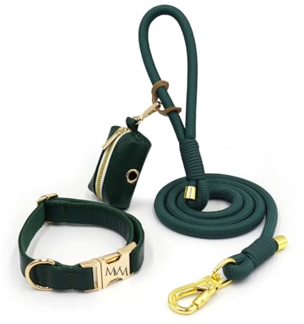 MVM Hundeleine mit Halsband & Kotbeutelspender Set - Wasserdicht & Pflegeleicht - PU Leder & Geflochtenes Nylon - Goldene Verschlüsse - Verstellbar Kleine, Mittlere & Große Hunde - [Dunkelgrün,