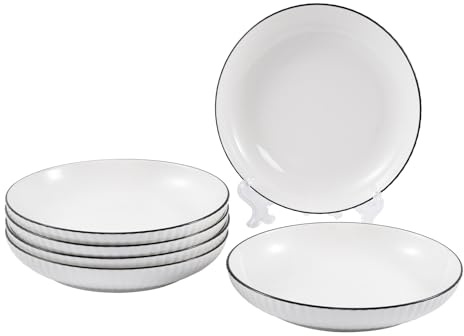 Winlauyet Lot de 6 assiettes à dîner en céramique côtelée blanche avec bordure noire - 20,3 cm - Vaisselle de qualité restaurant - Passe au micro-ondes et au lave-vaisselle - Assiettes empilables