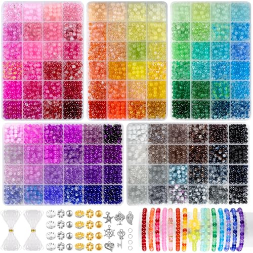 Zefy 3876 Stück Perlen für Armbänder, 120 Farben 6mm Glasperlen Set | Runde Perlen zum Auffädeln Edelsteine Perlen Schmuck Selber Machen, Basteln für Erwachsene Kinder