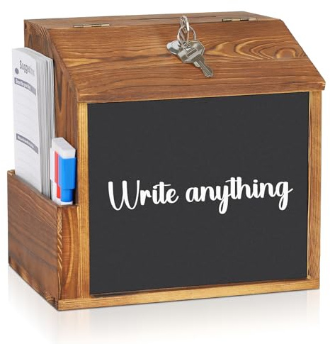 Nymblis Wood Suggestion Box, Suggestion Box Lockable for Collection, Donation Boxes Charity with Blackboard, 3 Pens and 50 Cards, for Ballot Comment Feedback