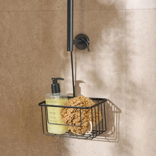 OHS Shower Caddy Hanging Organiser Storage, Black Metal Over Door Shower Shelf No Drilling Rustproof Bathroom Shelf Hook Over Rack Shampoo Holder for Showers