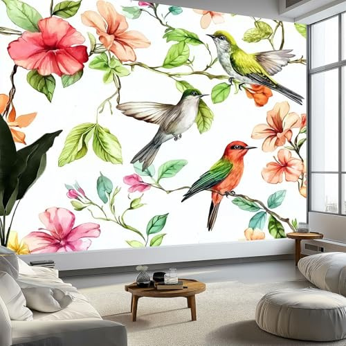 Carta da Parati Uccelli Fiori Motivi Art Sfondo Murale Fotografica 400x280 cm per Soggiorno Camera Ristorante Camera dei Bambini e Decorazione da Parete, Bianco