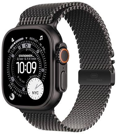 Apple Watch Ultra 3 GPS + Cellular 49 mm Premium Smartwatch für Lauftraining und Kombinationssport mit robustem Titangehäuse in Schwarz und Milanaise Armband in Schwarz (Small)