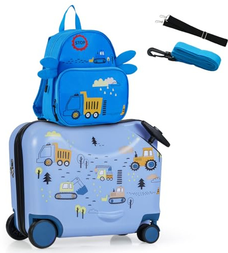 GYMAX 2Pcs Kids Luggage Set, 12 & 18 Children Hand Trolley Case with Wheels and Anti-Lose Rope, Girls Boys Carry On Suitcase for Travel School (Blue+Light Blue)