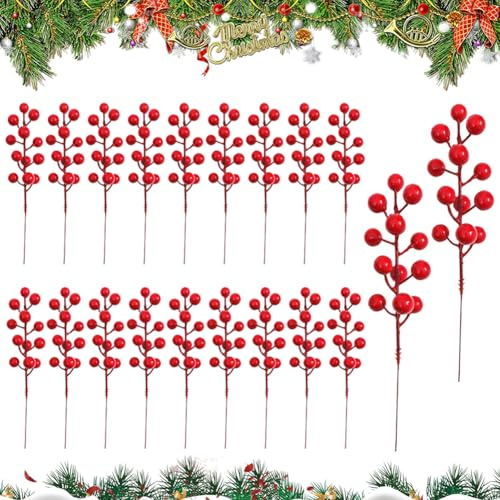 CDLIZW Adornos de Tallo de Bayas de Acebo Rojo de Navidad,20 Piezas Decoración Artificiales de Bayas Rojos,Bayas de Acebo de Simulación Navideña, para decoración del árbol de Navidad Guirnalda