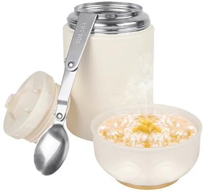 Cjytdkj Food Flask, 500ml Stainless Steel, Foldable Spoon, Hot Cold | Double Walled Insulated Food Jar, Leakproof Soup Flask (White)