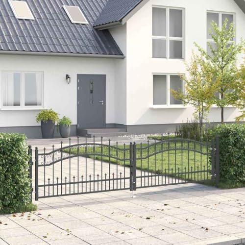 vidaXL Zauntor mit Speer-Top mit Schloss Kampen Grau 305 x 75 cm Stahl, Garten und Terrasse, traditionelle Barriere, rostfreies Tor, klassischer Outdoor-Schutz, Patio-Zusatz