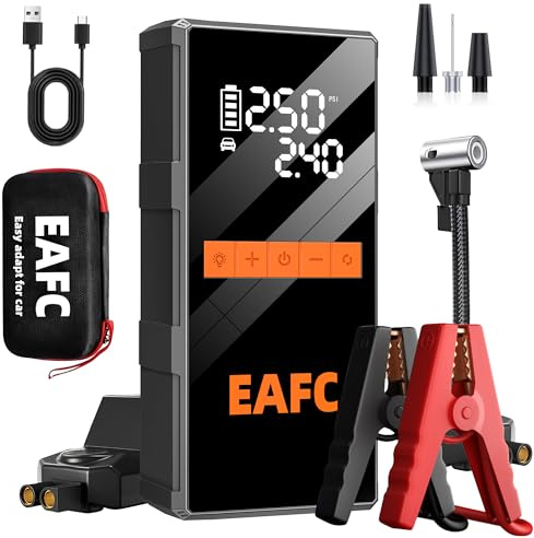 4000A Arrancador de Baterias de Coche con Compresor 150 PSI, Arrancador de Coches Portatil 12V (hasta 10L Gasolina/5L Diesel), Arrancador Bateria Moto con Pantalla LED, LED, USB-C, Bolso de Mano