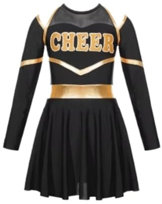 CNYUON Cheerleading, kostymer, uniform, långärmad, dansklänning med hand blommor huvudbonader randiga strumpor för scenframträdande för Cheerleading, klänning (svart, 12)