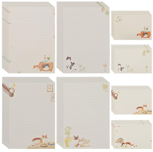 36 Pcs Writing Paper and Envelopes Sets, 4 Types Cute Cat Themed Letter Writing Paper, 24 Paper and 12 Packaging Letter Writing Set, Stationery for Greeting Cards Invitation Gifts Holiday Decorations