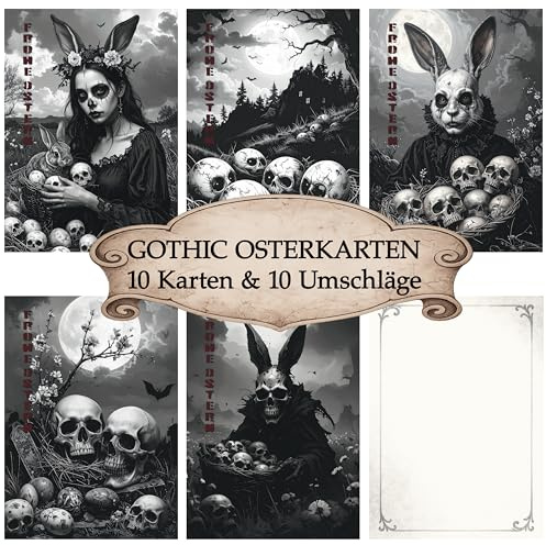 Berninja Gothic Osterkarten Set – 10 Grußkarten mit Umschlägen – Dark Art & Heavy Metal Style – Motivserie „Frohe Ostern“ – Schwarze Gothic Deko (10er set)