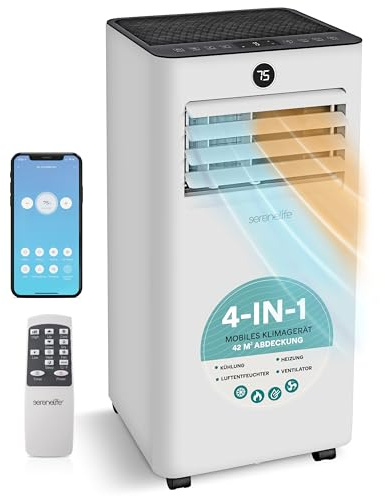 SereneLife Climatiseur Mobile 7000 BTU Blanc Compact WiFi – Climatiseur Portable Chauffage Déshumidificateur avec Kit Fenêtre