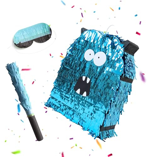Relaxdays Pinata Monster, med stav och ögonmask, partypinata för fyllning, barns födelsedag, HBT 49,5 x 39 x 10 cm, blå