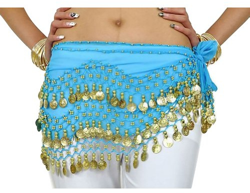 The Turkish Emporium - Fascia per fianchi con monete a 3 file, in chiffon, per danza del ventre, con 128 monete Turquoise /Gold taglia unica