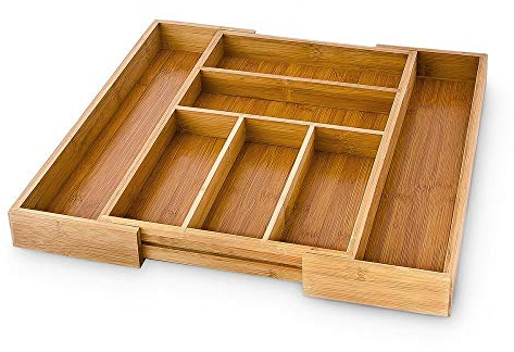 Relaxdays Besteckkasten verstellbar H x B x T: ca. 5 x 48 x 46 cm Schubladeneinsatz aus Bambus mit 5 bis 7 Fächern als Besteckeinsatz und Küchenorganizer große Besteckeinlage für die Schublade, natur