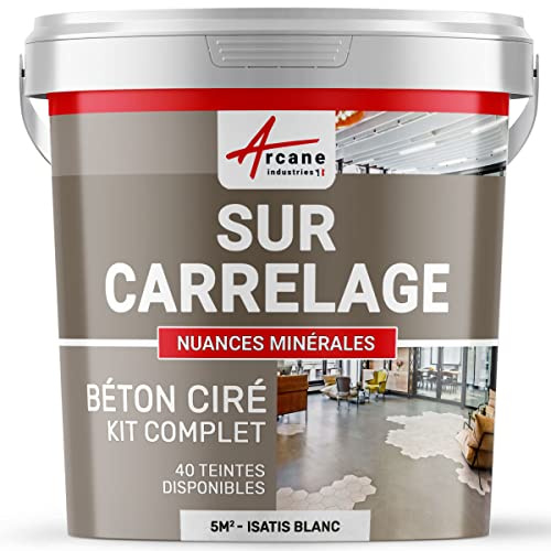 Béton Ciré sur Carrelage, Sol Mur 5 m² (en 2 couches) Isatis Blanc | Cuisine, Salle de Bain, Plan de Travail, Accroche Renforcée, Anti-Taches, Résistant, Kit Complet - Arcane Industries