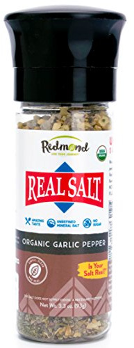Redmond Real Sea Salt - Natural Unrefined Organic Gluten Free, Coarse Salt with Coarse Grinder (Garlic Pepper)