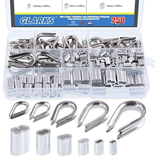 Glarks Drahtseil-Kauschen aus 304 Edelstahl, Kabelkauschen Combo und Aluminium Crimpschlaufen-Hülsen-Sortiment, Set für Drahtseil-Kausche, Takelage, 250 Stück