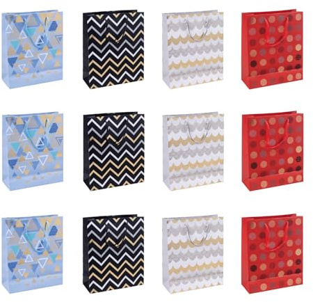 DONAU HOME Lot de 12 sacs cadeaux plastifiés - 25 x 30 x 10 cm - Pour toute l'année - Différents motifs - Incassable - Élégant - Avec anse - Cadeau - Cadeau - Fête - Mélange de couleurs