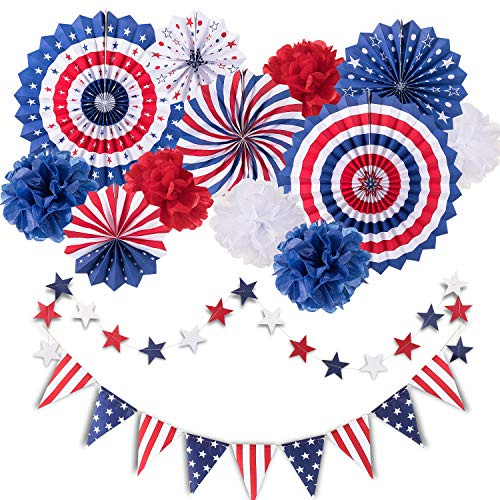 Whaline 4th of July Party Decorations Set, Patriotic USA Flag Pennant Bunting, Red White Blue Paper Fans, Star Garland Hanging Streamers, Tissue Pom Pom Flowers for Independence Day Decor, 14Pcs