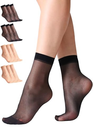 MANZI Damer 12 par höga ankelstrumpor bekväma andningsbara nylonstrumpor, 6 par svart, 6 par naturlig hud, One Size Stor
