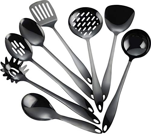Kelendle 8-teiliges Edelstahl-Küchenutensilien-Set, schwarz, antihaftbeschichtet, Küchenutensilien, Gadgets, geschlitzter Spatel, Löffel, Pfannenwender, Schöpflöffel, spülmaschinenfest