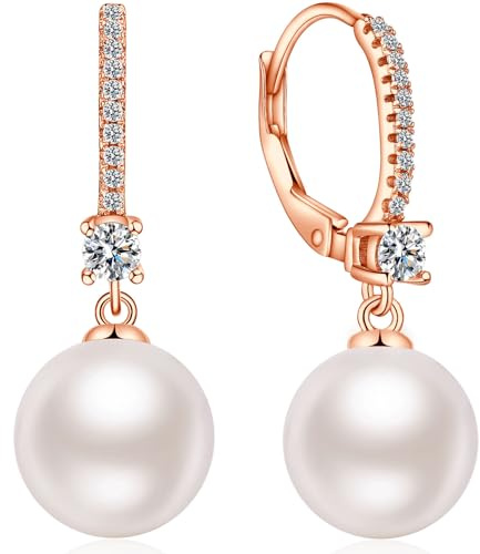 jiamiaoi 18Kt Weißgold plattiert Perlenohrringe Silber 925 Hängend, Perlen Ohrringe Damen Perlen Ohrhänger, Creolen mit Perle 8mm-10mm