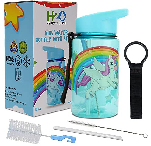 HYDRATE 2.ONE Kids Water Bottles for Boys and Girls with Cleaner Brushes, 400 ml Unicorn Water Bottle 100% Leak Proof | BPA Free | Flip Nozzle Water Bottles with Straw for Hot and Cold Drinks