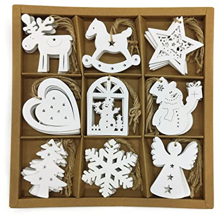 DARO DEKO Holz Dekohänger 6 x 7cm Mix 54 Stück Anhänger Weihnachtsbaum Christbaumschmuck weiß