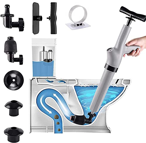 SRHIMEOS Toilettenkolben, Werkzeug Zum Entfernen Von Abflussverstopfungen, Power Plunger, Hochdruck mit 4 Abnehmbaren Montageköpfen für Küche, Bad, Verstopftes Rohr (grau)