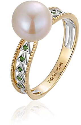 Stfery Freundschaftsringe, Damen Ringe Modeschmuck 18 Karat Gold Und 18 Karat Weißgold Dreieckiger Hohler Perlenring Tsavorit 0,08ct Frauen