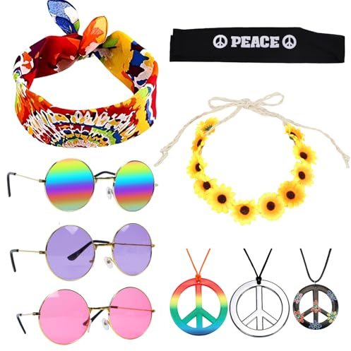 Sprinlot Hippie Kostüm Damen Herren, 3 Stück Hippie Brille mit Stirnband, Peace Kette Hippie, Hippie Kostüm Accessoires für Fasching Karneval Party Lernspielzeug, C11