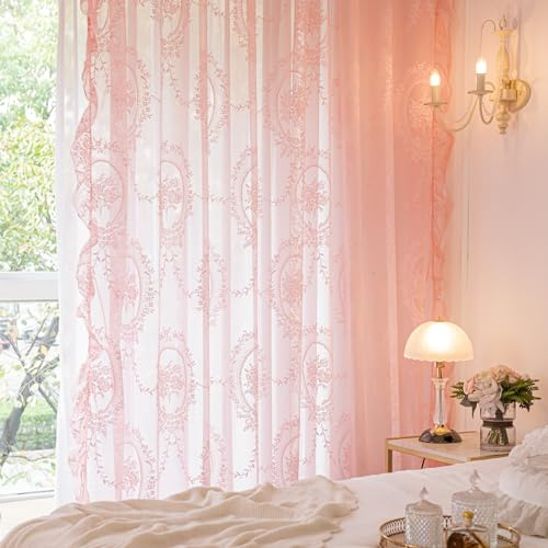 Deeprove Pink Lace Curtains 96 Inches Long 2 Panels Set, Sheer Florals Scallop Ruffle Edge, Chic Vintage Window Treatment Pair Decor Drapes for Girl's Bedroom Nursery, Rod Pocket, W57 x L96