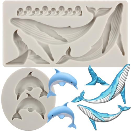 MYPRACS 2 Stück Delfin Silikon Fondantform Meereswellen Wal Fischschwanz Schokoladenformen für Ozean Thema Kuchendekoration Cupcake Topper Süßigkeiten Schokolade Gummipaste Polymerton