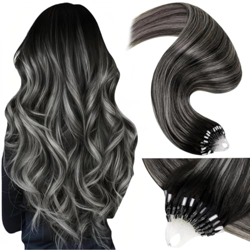 LaaVoo Black Micro Loop Hair Extensions Real Human Hair 24 Inch Remy Straight Balayage Natural Black & Silver Invisible Micro Ring Hair Extensions 50g 50s #1b/s/1b | Natural Black with Silver, Remy, Long Life, Important Ceremonies, 50 Strands, Colour 1B-S-1B