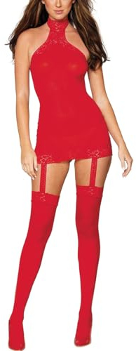 MIZSPISE Sexy Lingerie For Women Sets Mesh See Through Naughty Nightwear Lace Babydoll Tight Mini Dress Halter Sleepwear with Stockings Garter Belts Soft Bodycon Backless Pajamas (red, one size)
