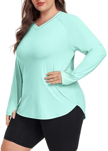 FOREYOND Women's Plus Size UPF 50+ Sun Shirts Long Sleeve UV Protection Rash Guard Quick Dry Swim Tops Fishing Shirts V-Neck Green